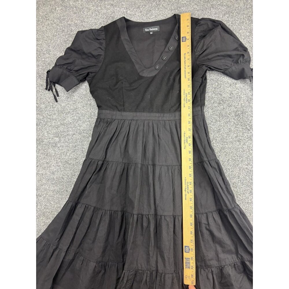 En Saison Dress Womens Medium Black Puff Sleeve‎ Tiered V-Neck Maxi Side Zip - Picture 6 of 11